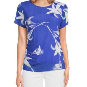 Calvin Klein Dazzling Blue & White Floral Printed Ruched Short Sleeve Top Sz XL